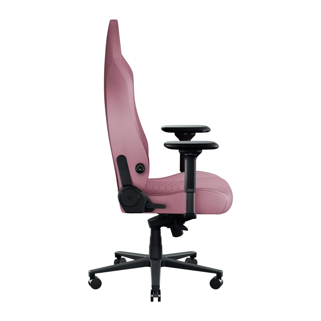 Fauteuil Gaming Razer Iskur V2 NewGen Rose Cuir 4D 136kg, détail latéral: dossier haut, accoudoirs 4D et base étoile noirs