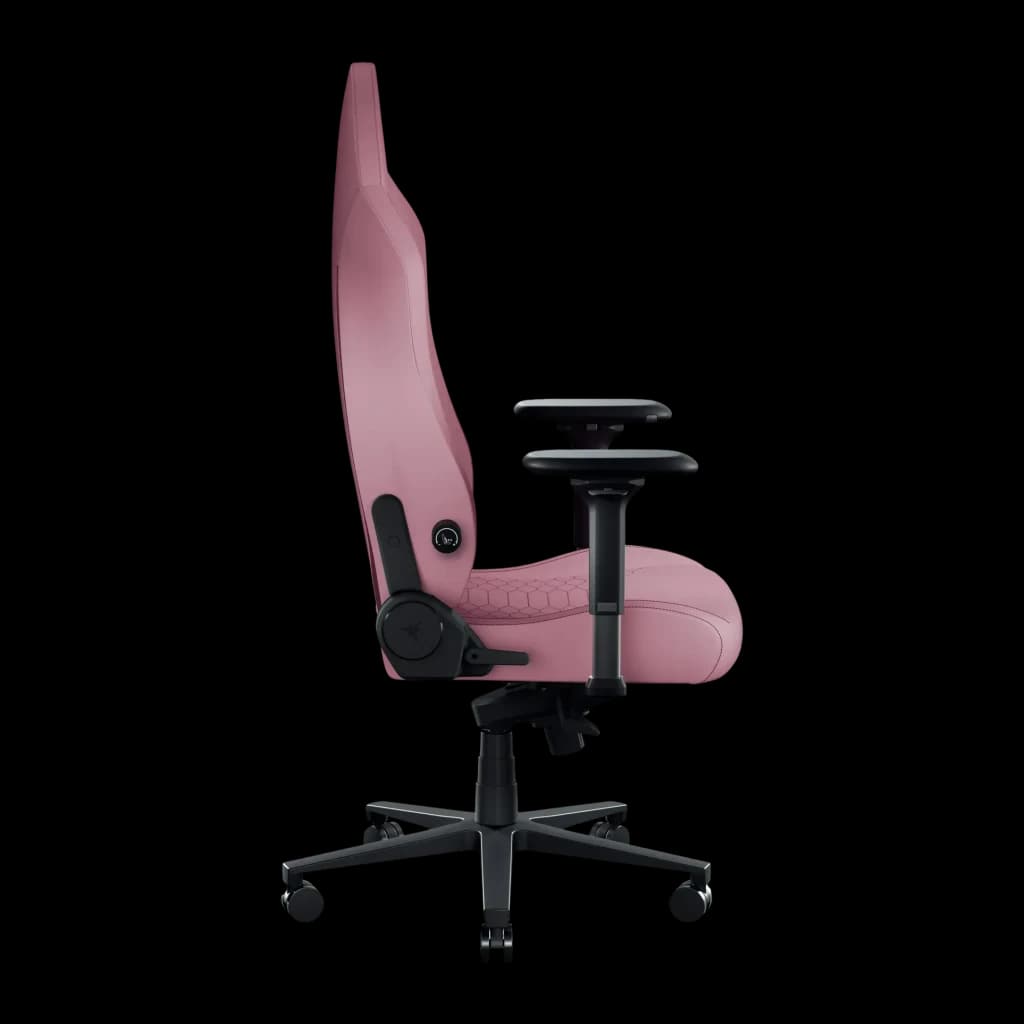 Fauteuil Gaming Razer Iskur V2 NewGen Rose Cuir 4D 136kg, détail latéral: dossier haut, accoudoirs 4D et base étoile noirs
