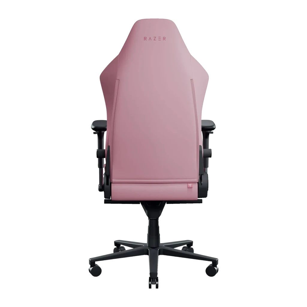 Fauteuil Gaming Razer Iskur V2 NewGen Rose Cuir 4D 136kg, vue arrière: dossier rose avec logo Razer, accoudoirs 4D noirs