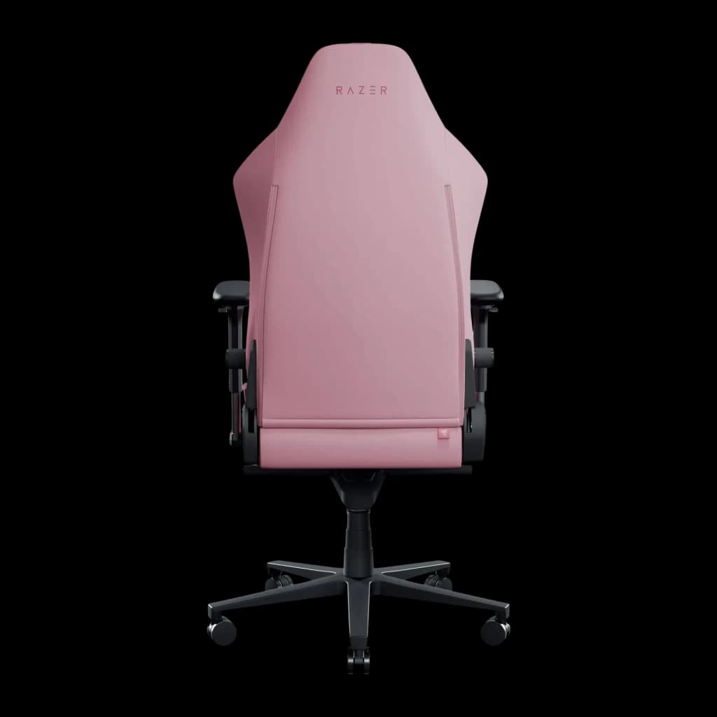 Fauteuil Gaming Razer Iskur V2 NewGen Rose Cuir 4D 136kg, vue arrière: dossier rose avec logo Razer, accoudoirs 4D noirs