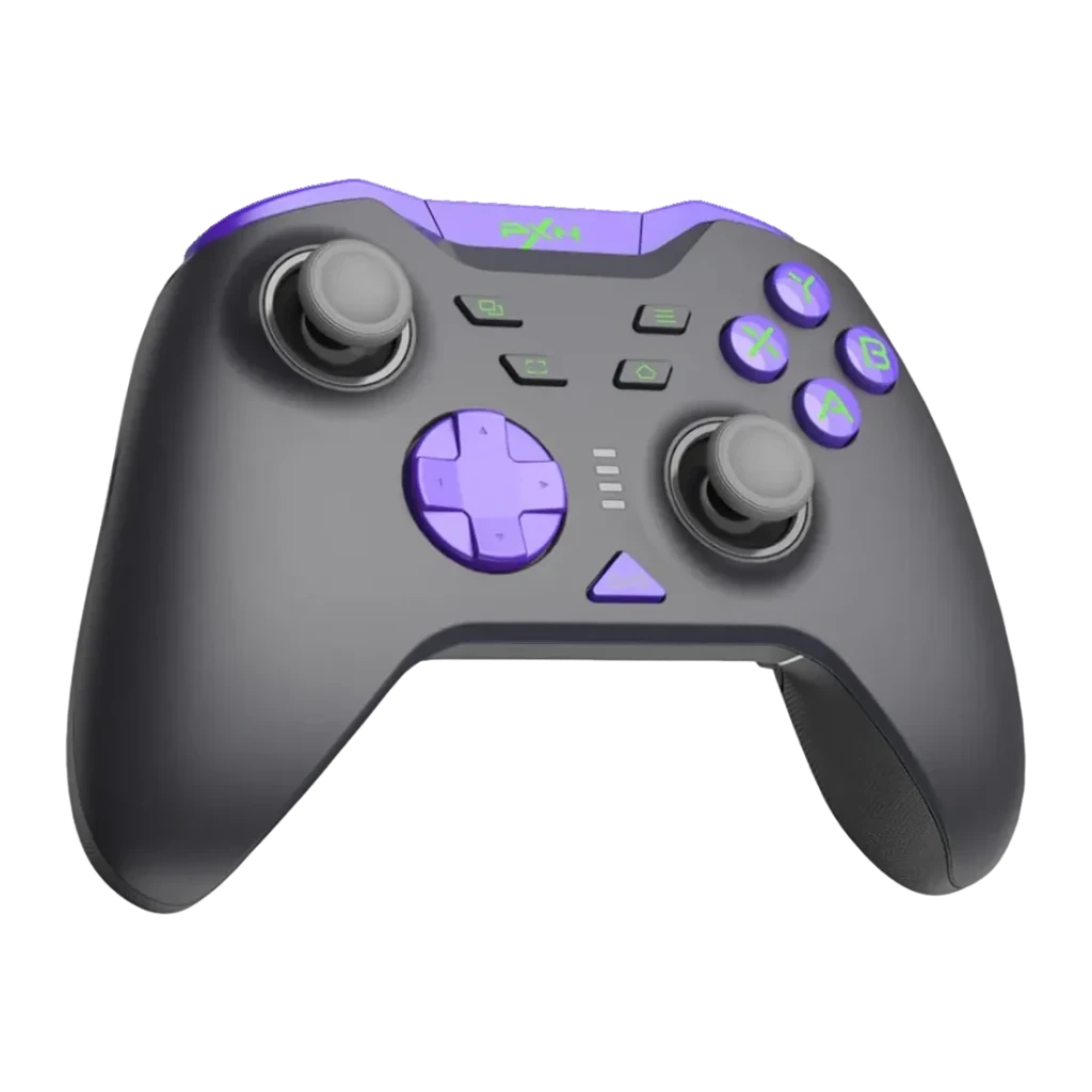 Manette Gaming PXN P5 8K Noir Sans Fil PC/Switch/Android/iOS, vue avant: corps noir avec accents violets, sticks, croix