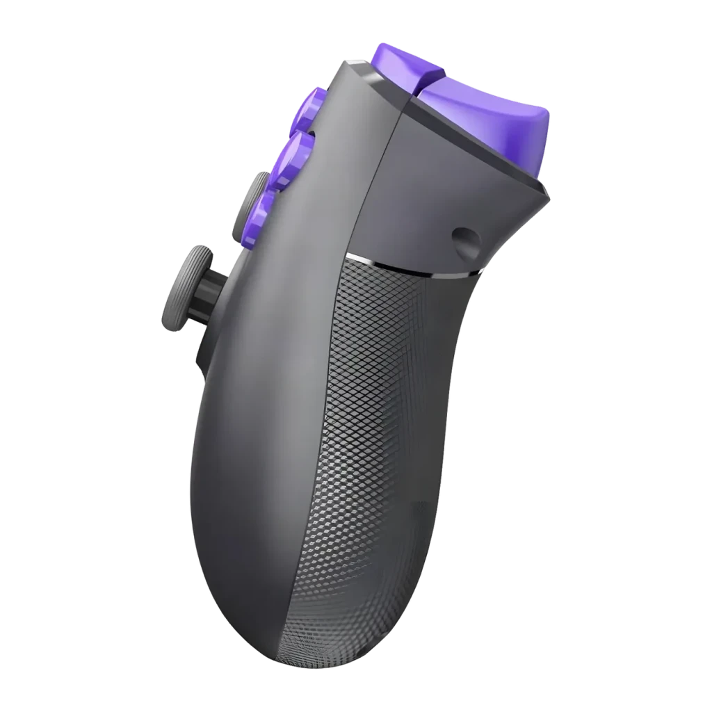 Manette Gaming PXN P5 8K Noir Sans Fil PC/Switch/Android/iOS, détail latéral: grip texturé et boutons violets rétroéclairés