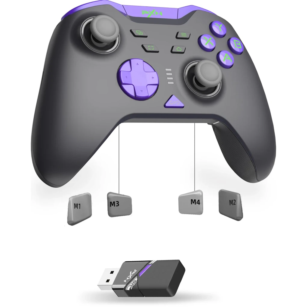 Manette Gaming PXN P5 8K Noir Sans Fil PC/Switch/Android/iOS, vue avant: 4 boutons arrière M1-M4 amovibles et dongle USB