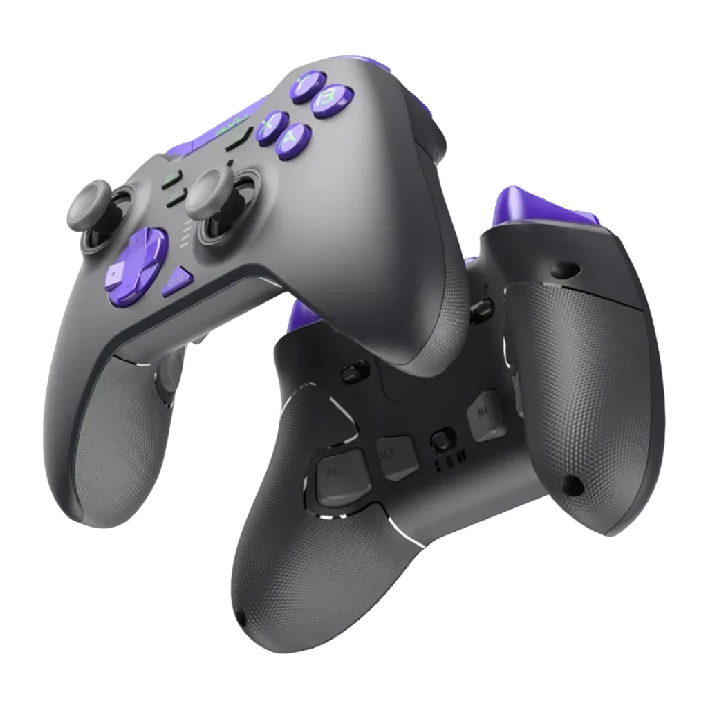 Manette Gaming PXN P5 8K Noir Sans Fil PC/Switch/Android/iOS, détail: vues avant et arrière avec boutons violets, gâchettes