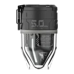 Pompe Portable Flextail Max Pump 3 Noir USB-C 300lm 6 embouts, vue avant: corps noir avec logo 5.0 kPa et chambre inférieure