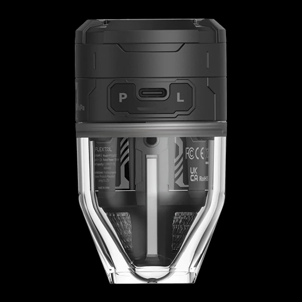Pompe Portable Flextail Max Pump 3 Noir USB-C 300lm 6 embouts, détail: port USB-C et boutons P et L sur corps noir