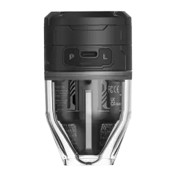Pompe Portable Flextail Max Pump 3 Noir USB-C 300lm 6 embouts, détail: port USB-C et boutons P et L sur corps noir