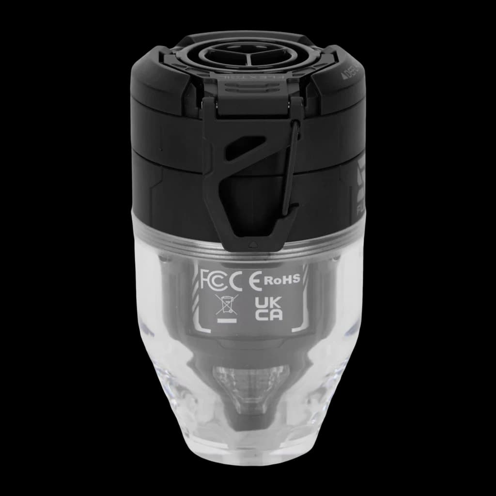 Pompe Portable Flextail Max Pump 3 Noir USB-C 300lm 6 embouts, vue arrière: corps transparent avec certifications FCC CE