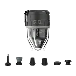 Pompe Portable Flextail Max Pump 3 Noir USB-C 300lm 6 embouts, détail: corps transparent avec écran 5.0 kPa et 6 embouts