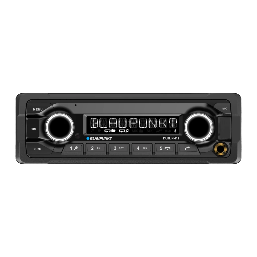 Auto-rádio Blaupunkt Dublin 412 Preto 1 DIN Bluetooth, vista frontal: ecrã LED com logótipo, dois botões rotativos e fila