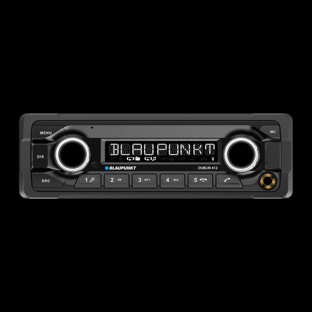 Auto-rádio Blaupunkt Dublin 412 Preto 1 DIN Bluetooth, vista frontal: ecrã LED com logótipo, dois botões rotativos e fila