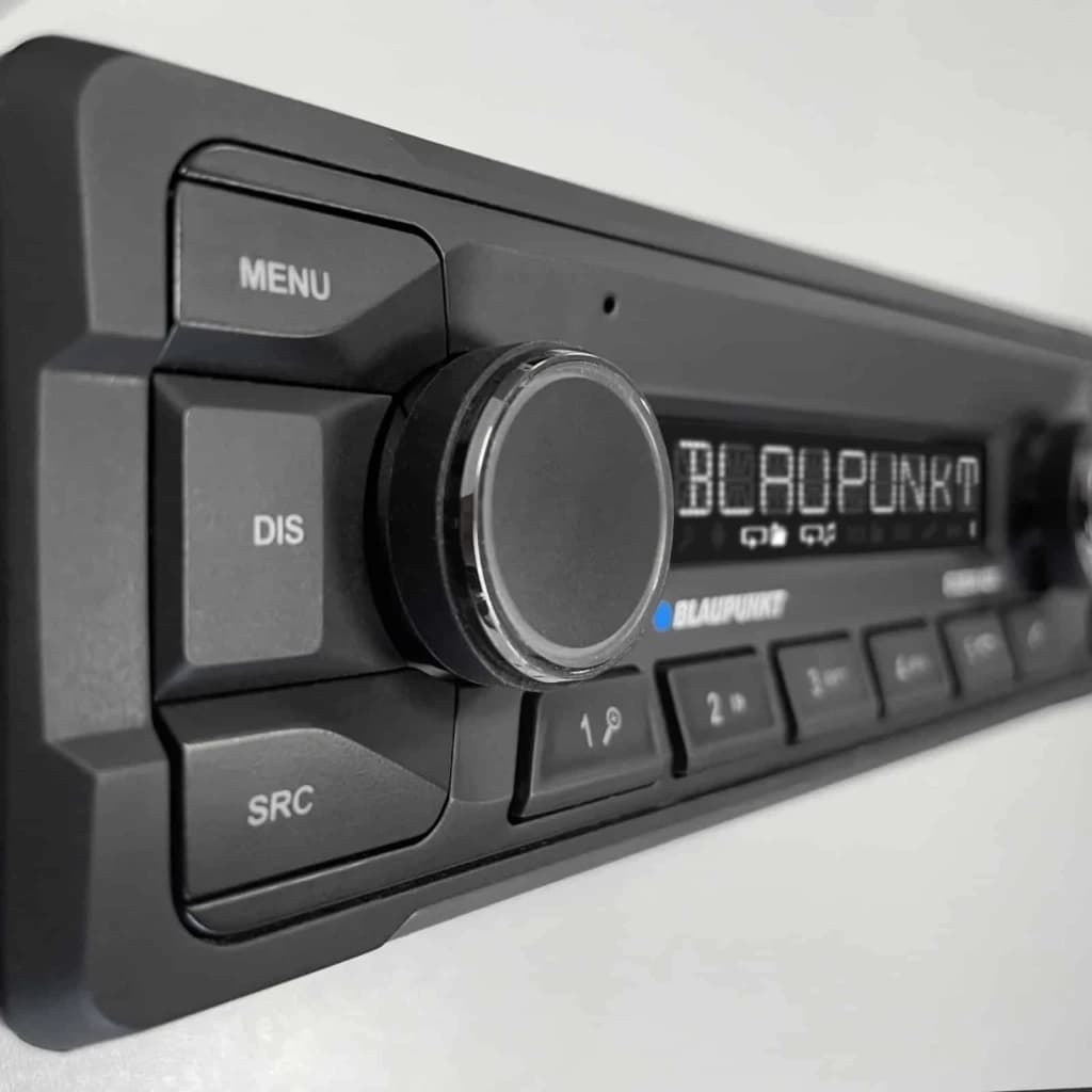 Auto-rádio Blaupunkt Dublin 412 Preto 1 DIN Bluetooth, detalhe: botão de volume, ecrã iluminado e teclas MENU, DIS e SRC