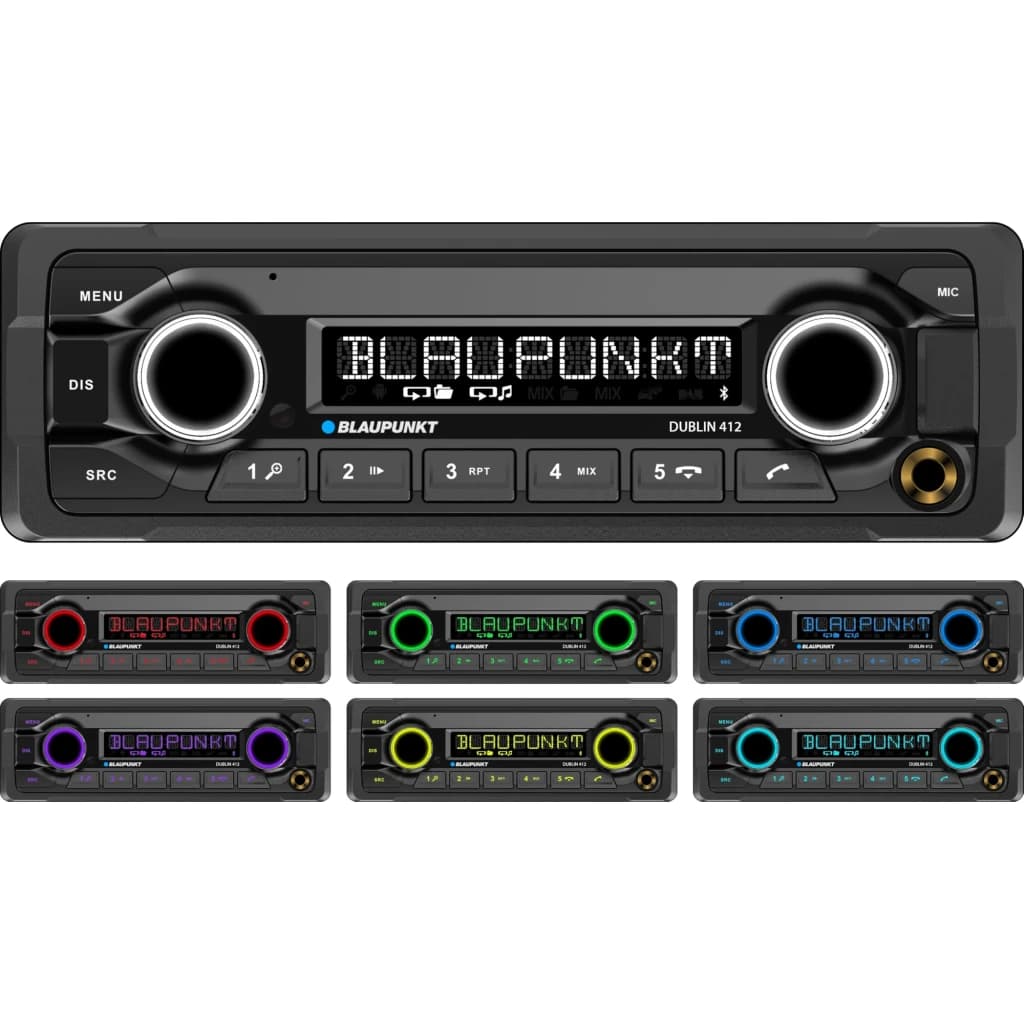 Auto-rádio Blaupunkt Dublin 412 Preto 1 DIN Bluetooth, frontal: ecrã iluminado e 6 opções de cor de retroiluminação