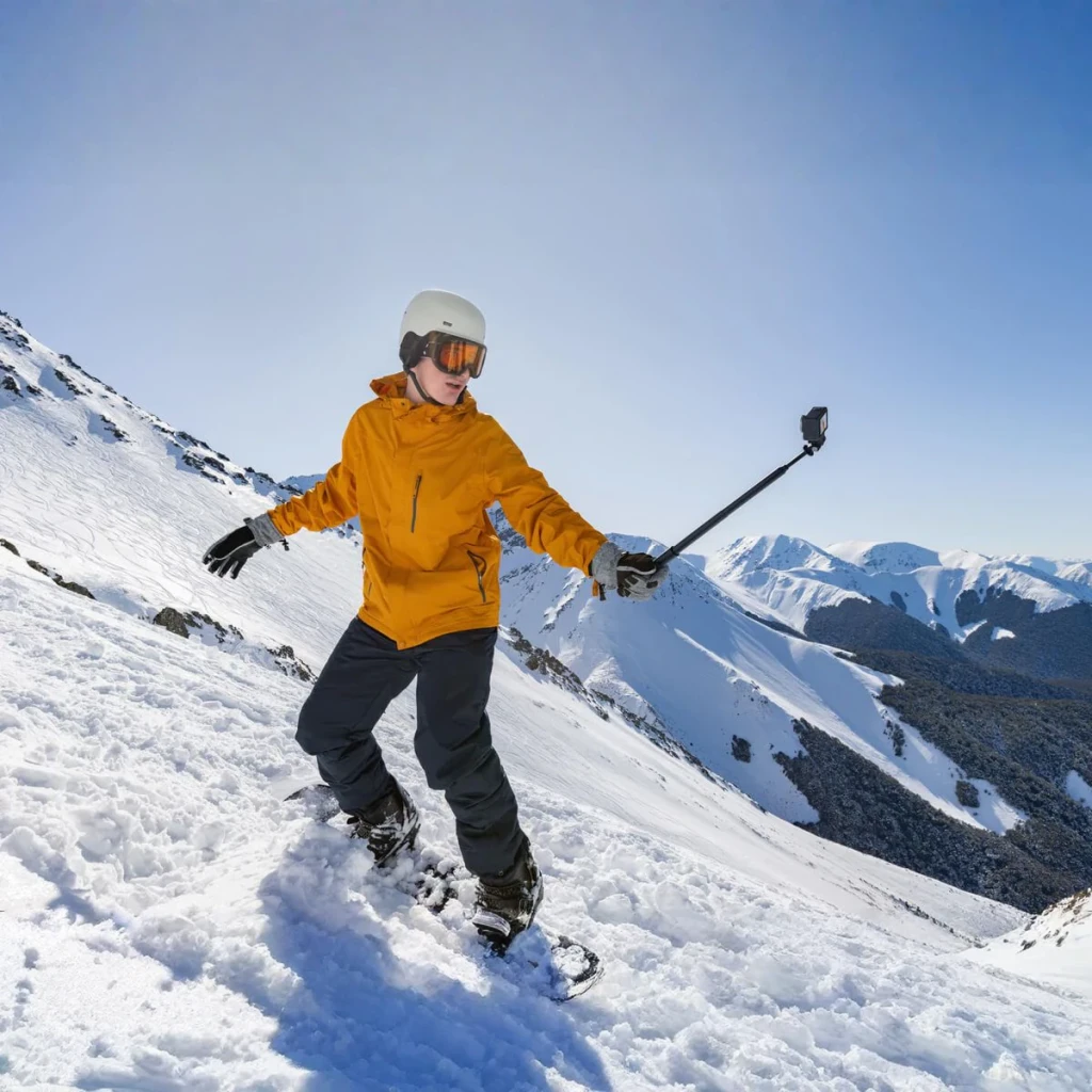 Palo Extensible DJI Osmo Action Extension Rod 1,5m Negro 0,3–1,5m ajustable, en uso: snowboarder en ladera nevada sostiene
