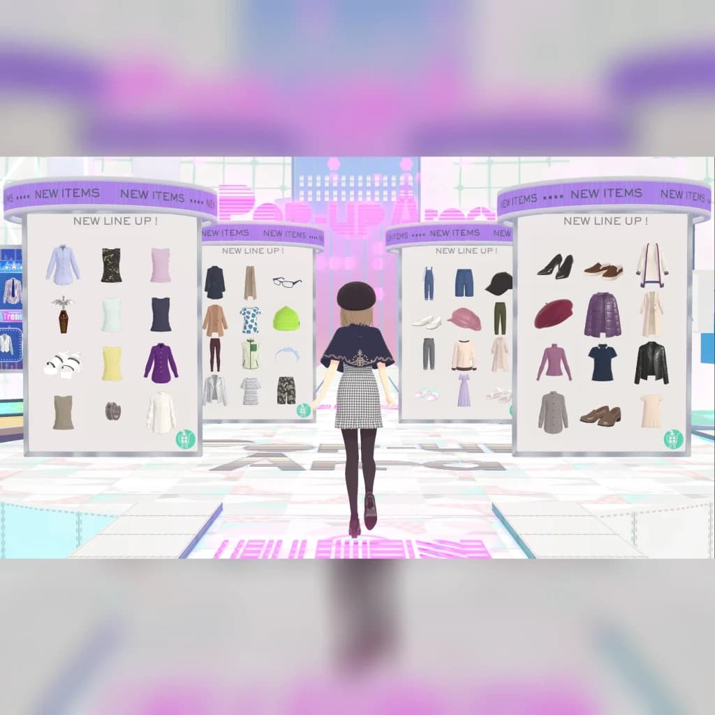 Jogo de vídeo «Nintendo Fashion Dreamer» para a Switch, em uso: avatar de costas a explorar painéis de roupa nova em loja
