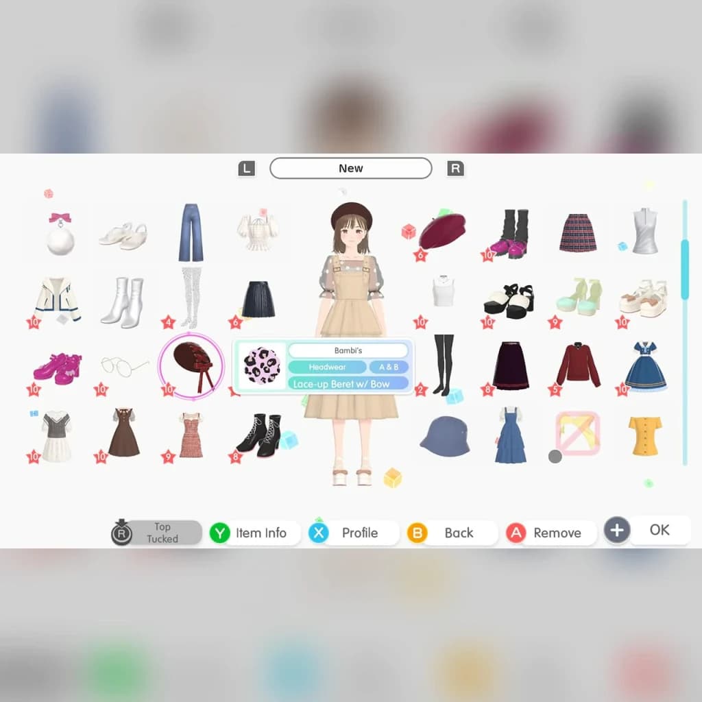 Jogo de vídeo «Nintendo Fashion Dreamer» para a Switch, em uso: ecrã de personalização com avatar e catálogo de roupa