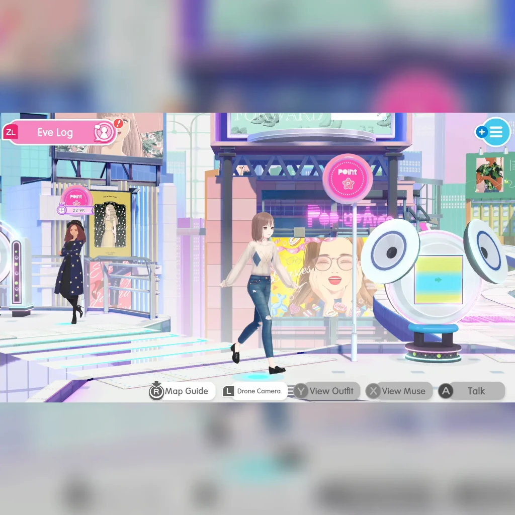 Jogo de vídeo «Nintendo Fashion Dreamer» para a Switch, em uso: avatar a passear em zona comercial pastel com HUD