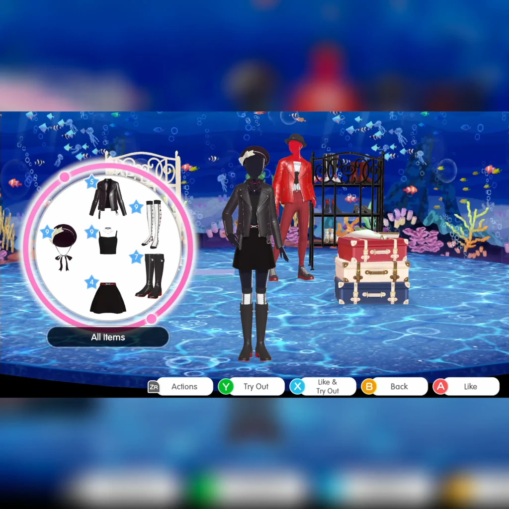 Jogo de vídeo «Nintendo Fashion Dreamer» para a Switch, em uso: ecrã de seleção de roupa com manequim preto e fundo submarino