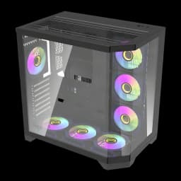 Caixa PC Darkflash FT418 PRO 3 Painéis Vidro Temperado ATX / M-ATX / ITX Preto, detalhe: 6 ventoinhas ARGB visíveis nos