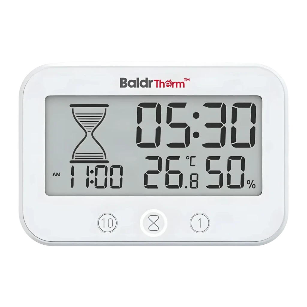 Temporizador com Termohigrómetro BaldrTherm Digital 2 pilhas AAA Branco B0549STH, vista frontal: ecrã LCD com temporizador