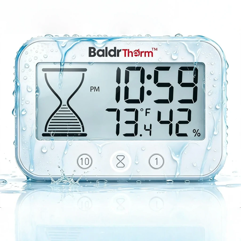 Temporizador com Termohigrómetro BaldrTherm Digital 2 pilhas AAA Branco B0549STH, vista frontal com água: resistência à água
