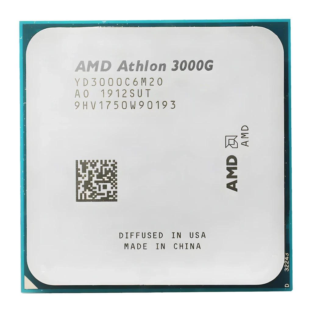 AMD Athlon 3000G 2 Núcleos AM4 Tray (OEM), vista frontal: IHS metálico con logo AMD, código QR y número de serie