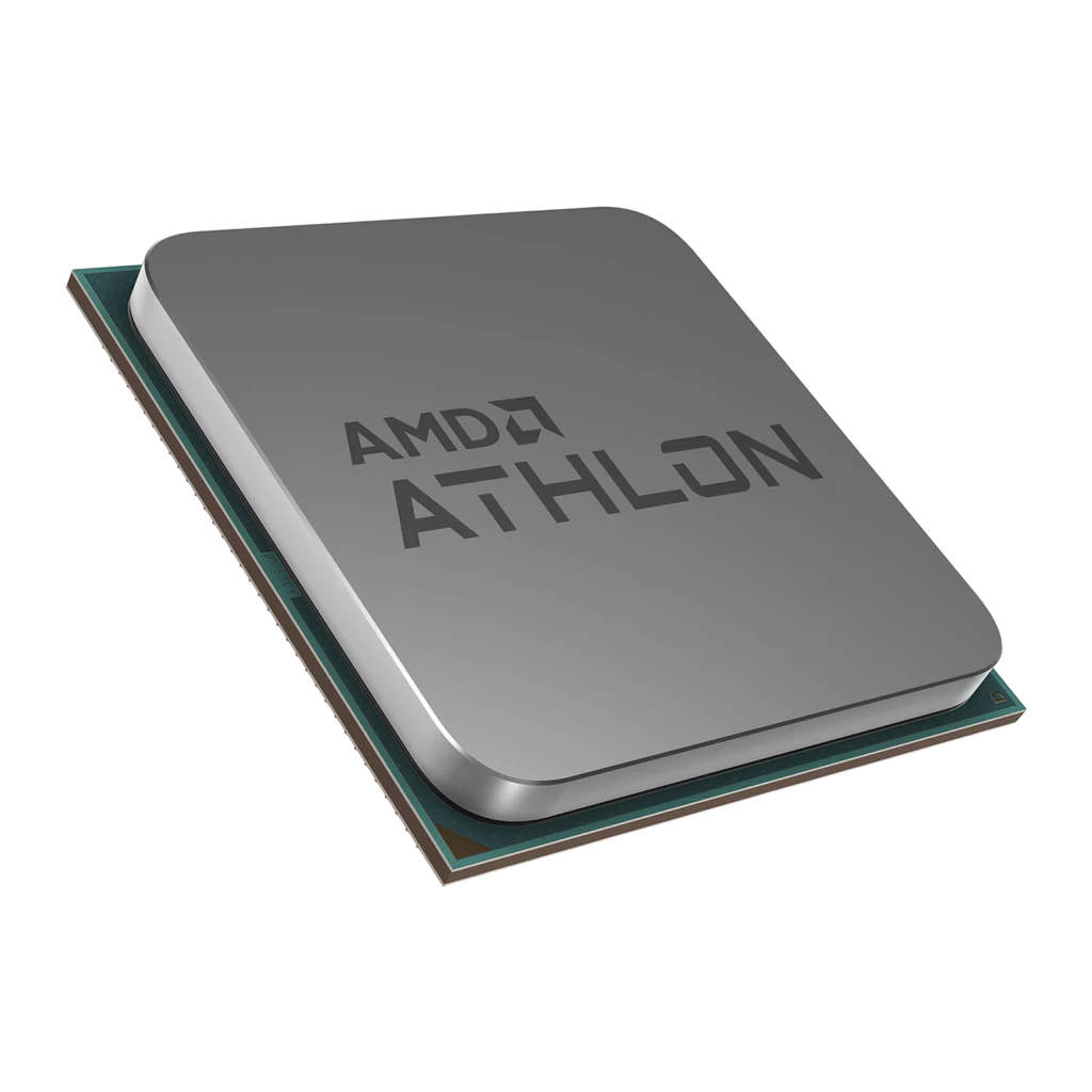 AMD Athlon 3000G 2 Núcleos AM4 Tray (OEM), detalle: IHS metálico en perspectiva con logo AMD Athlon grabado y sustrato verde