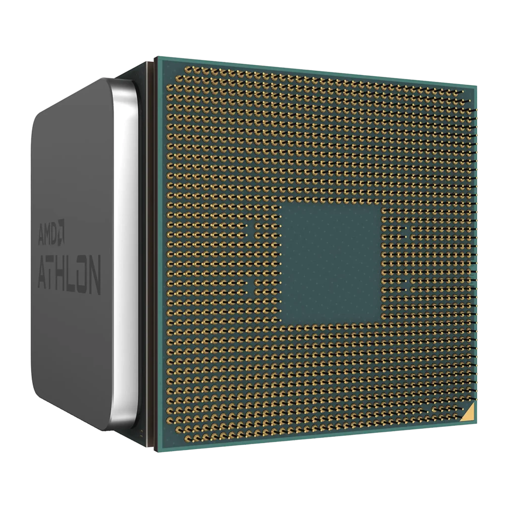 AMD Athlon 3000G 2 Núcleos AM4 Tray (OEM), vista trasera: pines dorados AM4 y lateral con logo AMD Athlon