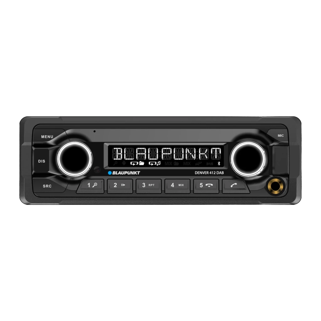 Autorradio Blaupunkt Denver 412 DAB 1 Negro DIN Bluetooth 5.0, vista frontal: pantalla LED, dos mandos giratorios y 5 botones
