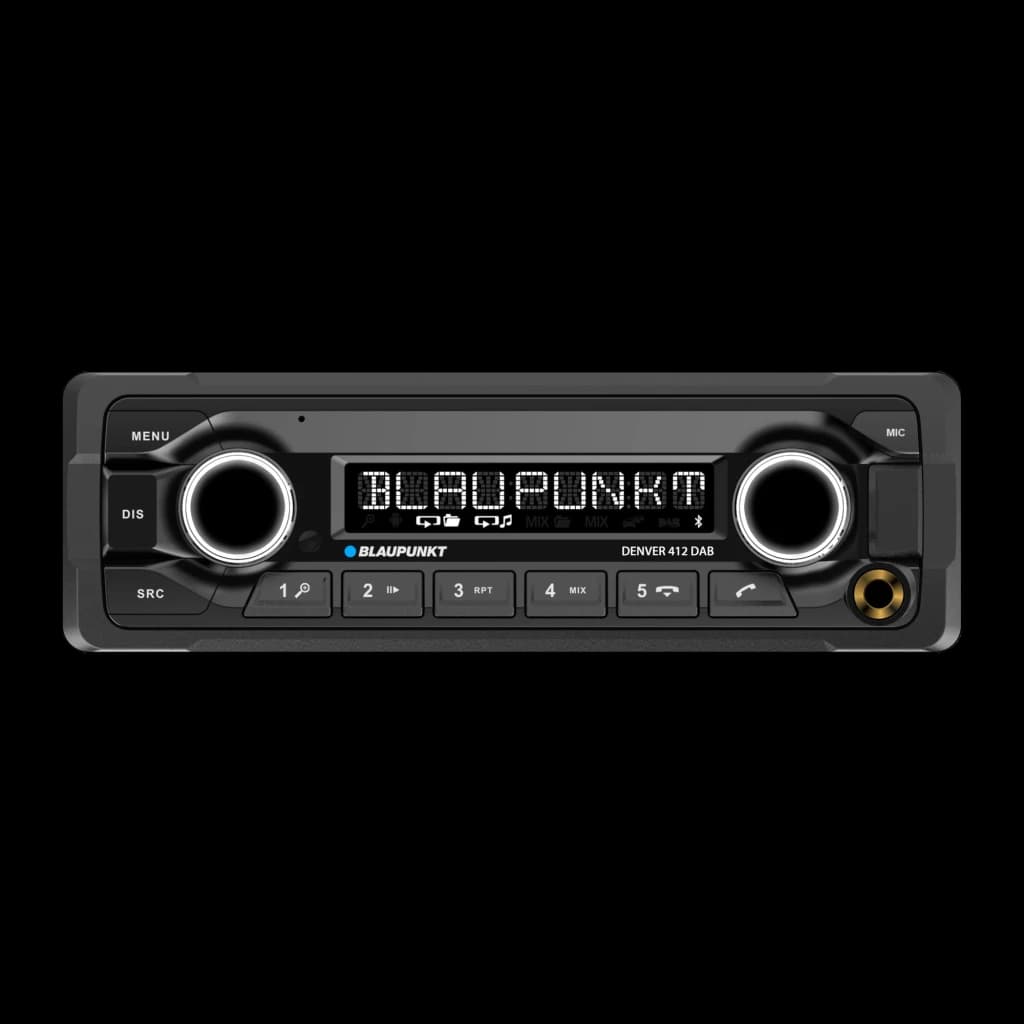 Auto-rádio Blaupunkt Denver 412 DAB 1 Preto DIN Bluetooth 5.0, vista frontal: ecrã LED, dois botões rotativos e 5 teclas