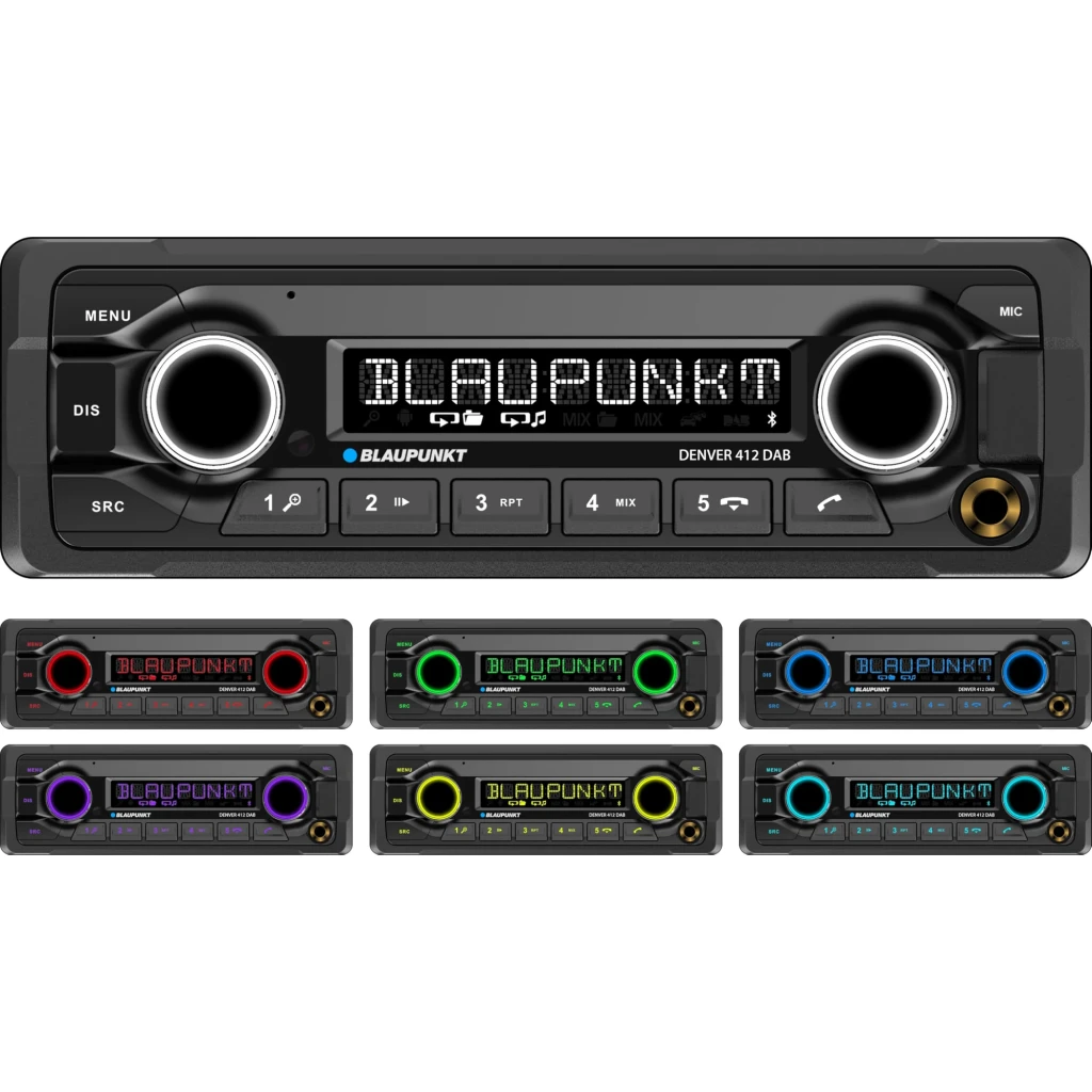 Autorradio Blaupunkt Denver 412 DAB 1 Negro DIN Bluetooth 5.0, frontal: panel con 6 opciones de iluminación RGB en mandos