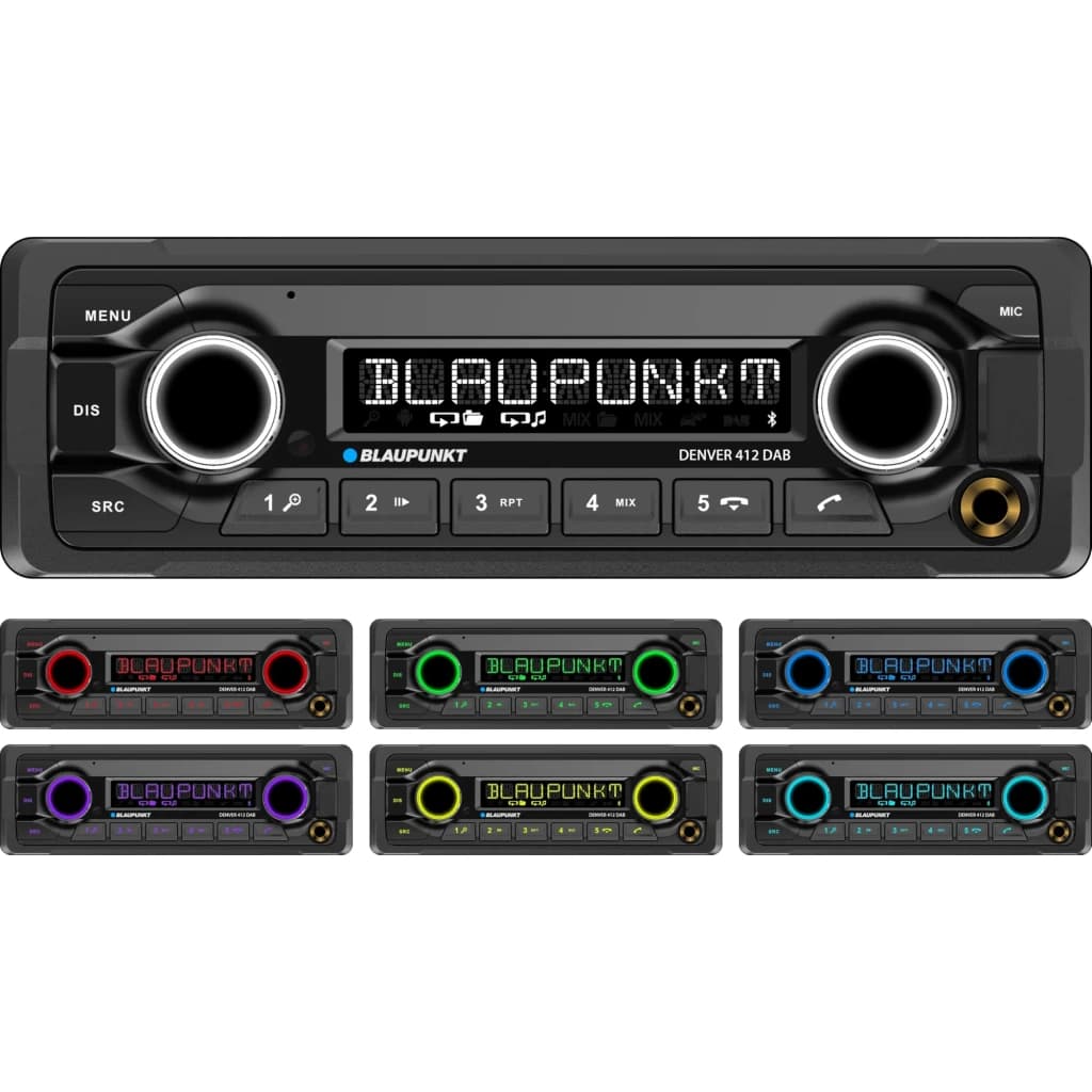 Auto-rádio Blaupunkt Denver 412 DAB 1 Preto DIN Bluetooth 5.0, frontal: painel com 6 opções de iluminação RGB nos botões