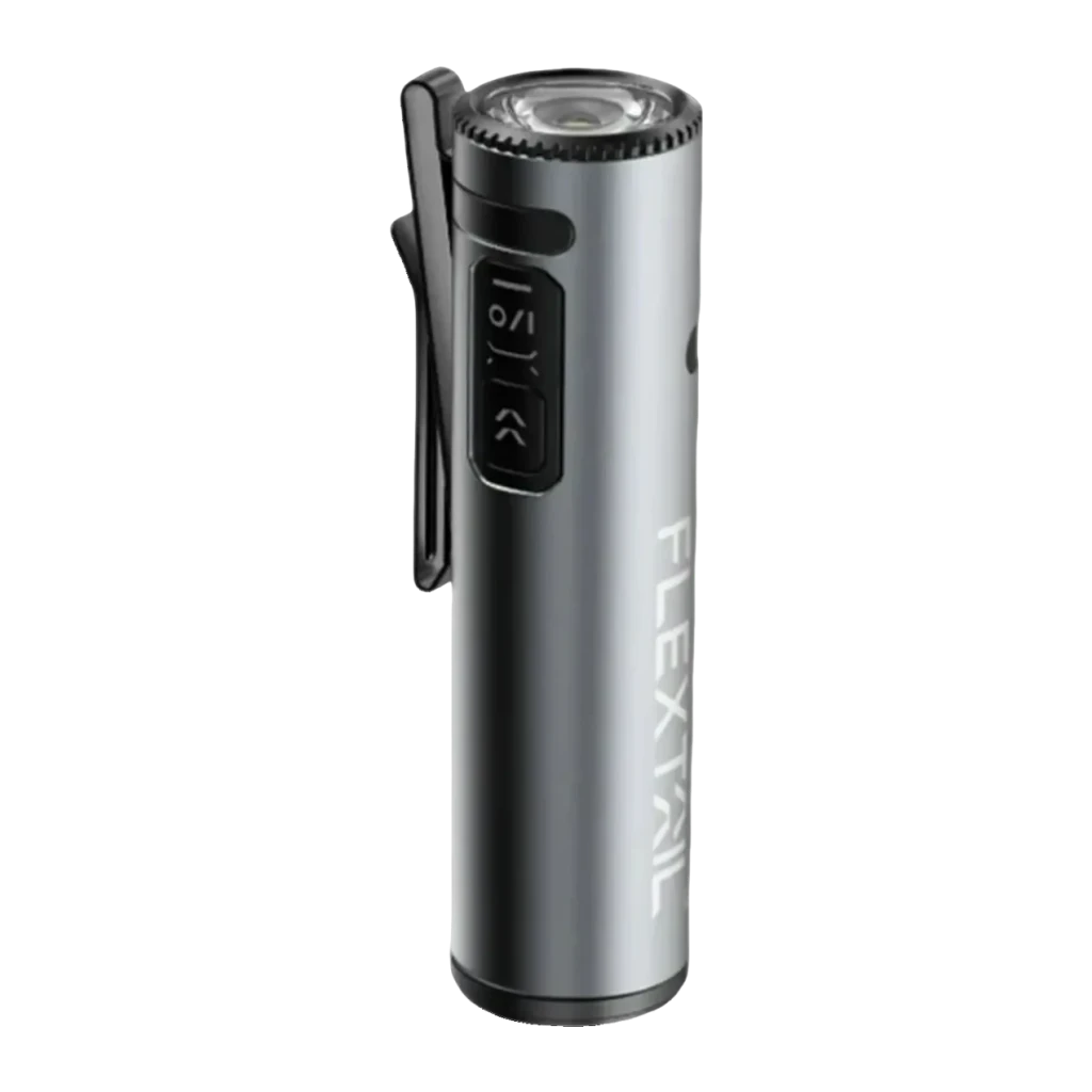 Lanterna LED Flextail Zero 1200 Cinzento USB-C lúmens IP67 até 1 m, vista frontal: corpo cilíndrico cinzento com clip preto