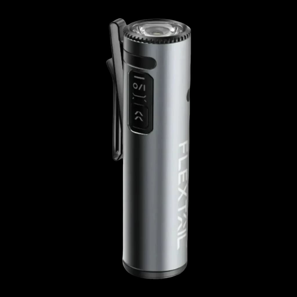 Lanterna LED Flextail Zero 1200 Cinzento USB-C lúmens IP67 até 1 m, vista frontal: corpo cilíndrico cinzento com clip preto