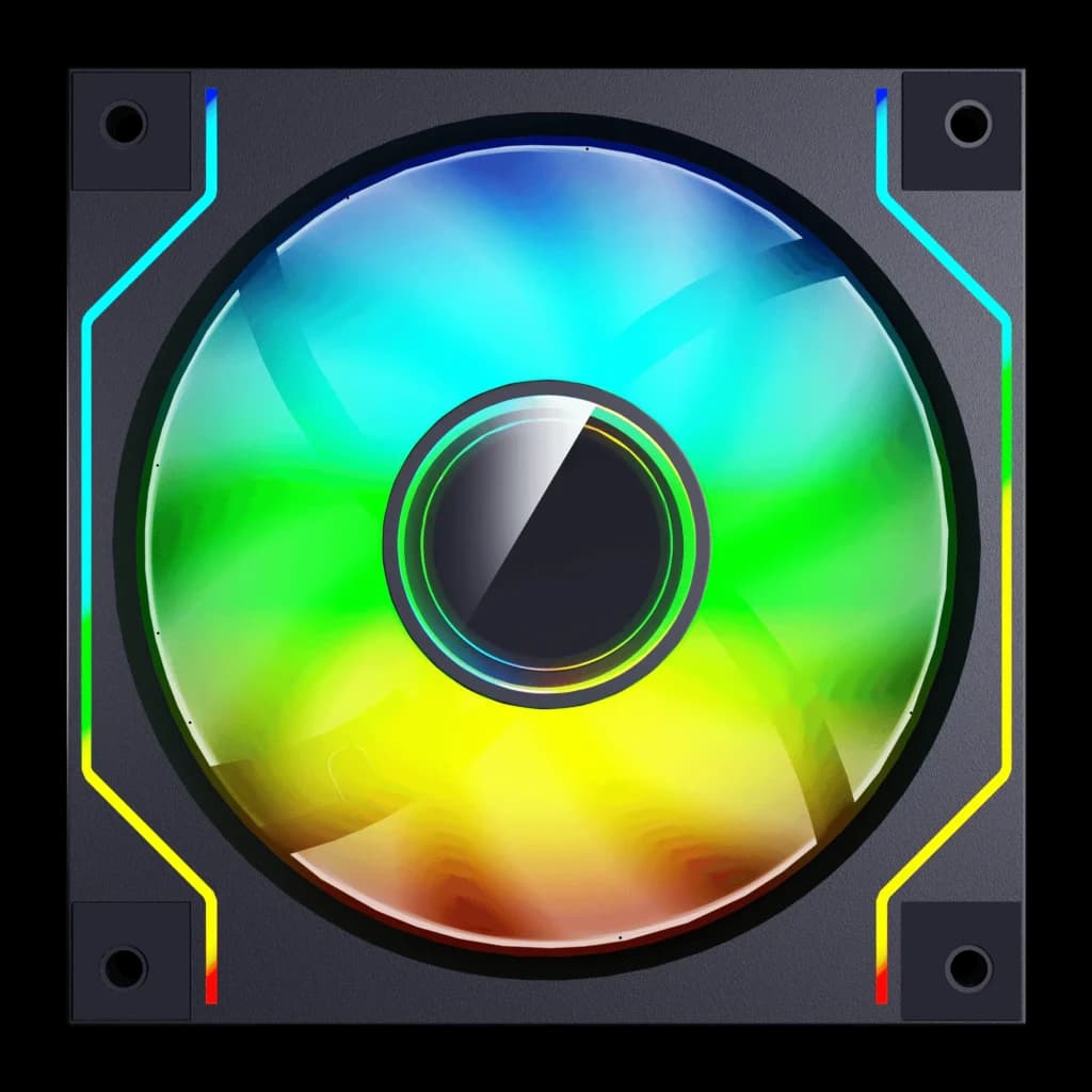 Ventilateur PC Darkflash DM20 ARGB 120mm Noir, vue de face: cadre noir avec éclairage ARGB multicolore et pale translucide