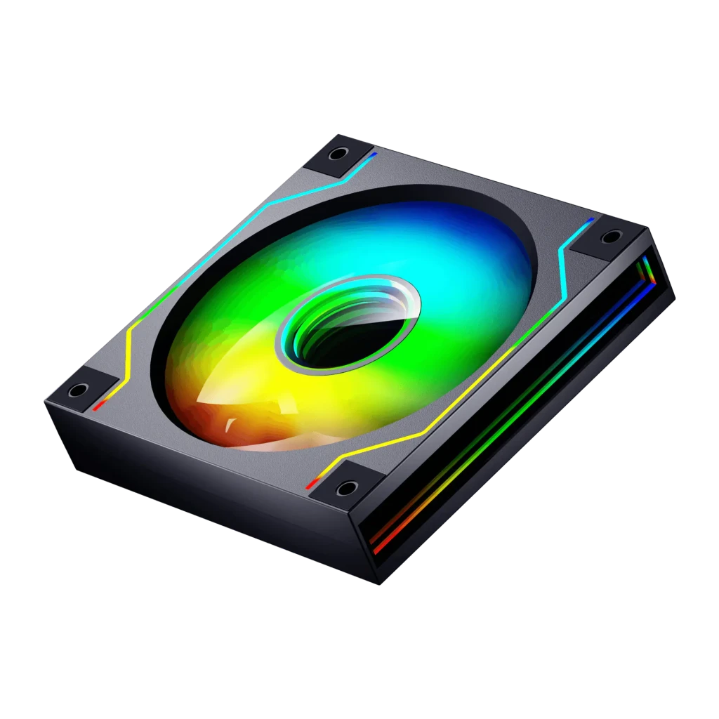 Ventilateur PC Darkflash DM20 ARGB 120mm Noir, détail: éclairage ARGB multicolore sur la pale et le côté du cadre noir