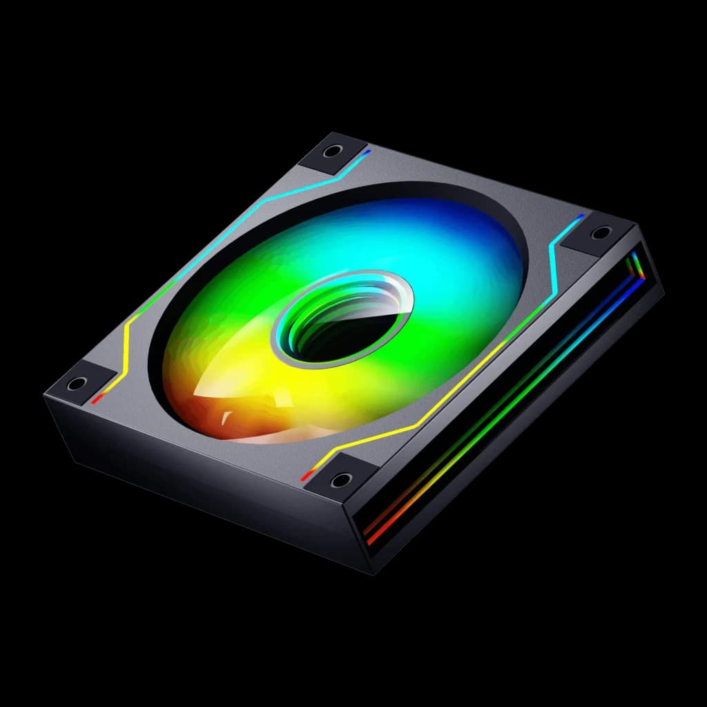 Ventilateur PC Darkflash DM20 ARGB 120mm Noir, détail: éclairage ARGB multicolore sur la pale et le côté du cadre noir