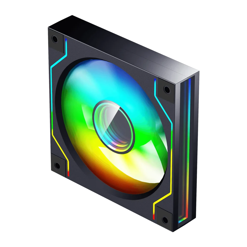 Ventilateur PC Darkflash DM20 ARGB 120mm Noir, détail: vue isométrique avec éclairage ARGB multicolore sur cadre et pale