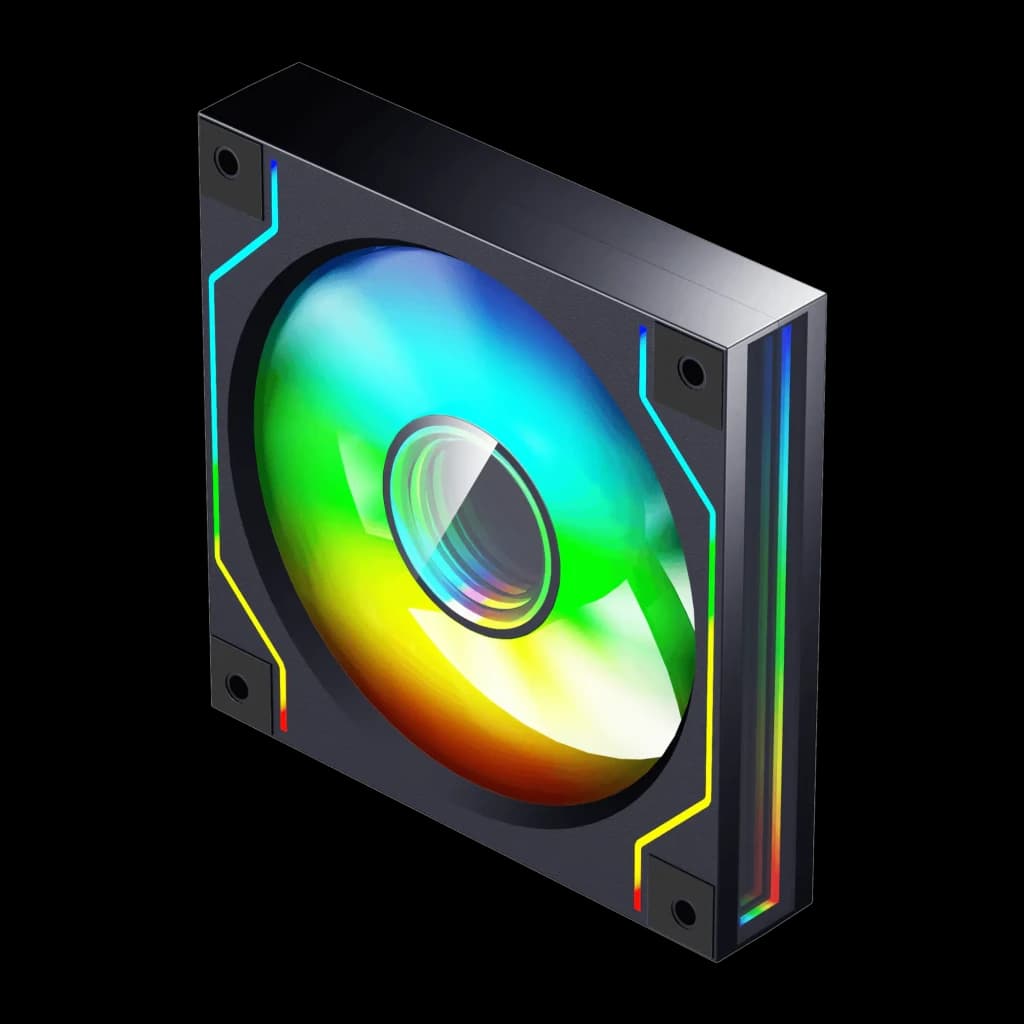 Ventilateur PC Darkflash DM20 ARGB 120mm Noir, détail: vue isométrique avec éclairage ARGB multicolore sur cadre et pale