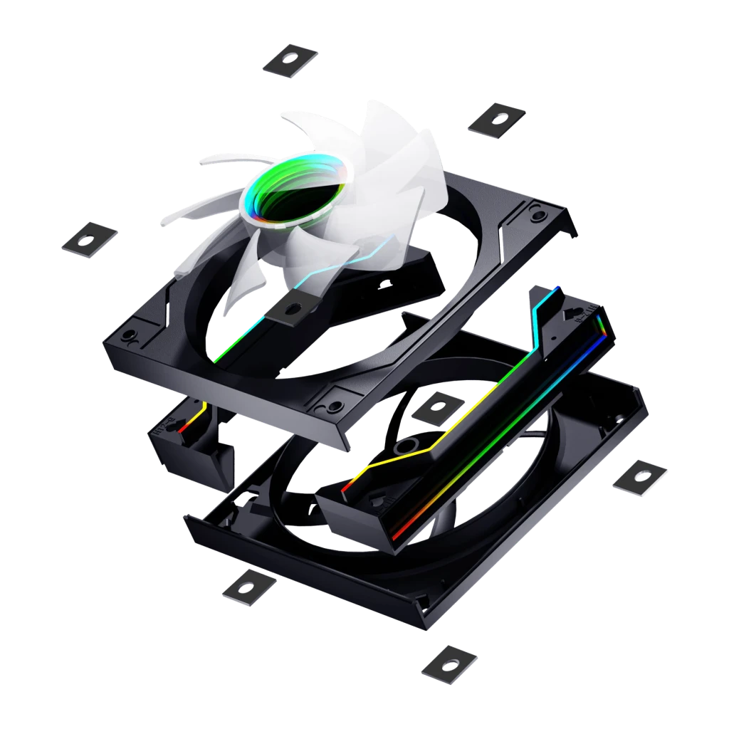 Ventilateur PC Darkflash DM20 ARGB 120mm Noir, détail: vue éclatée avec pale blanche, cadre noir et éclairage ARGB