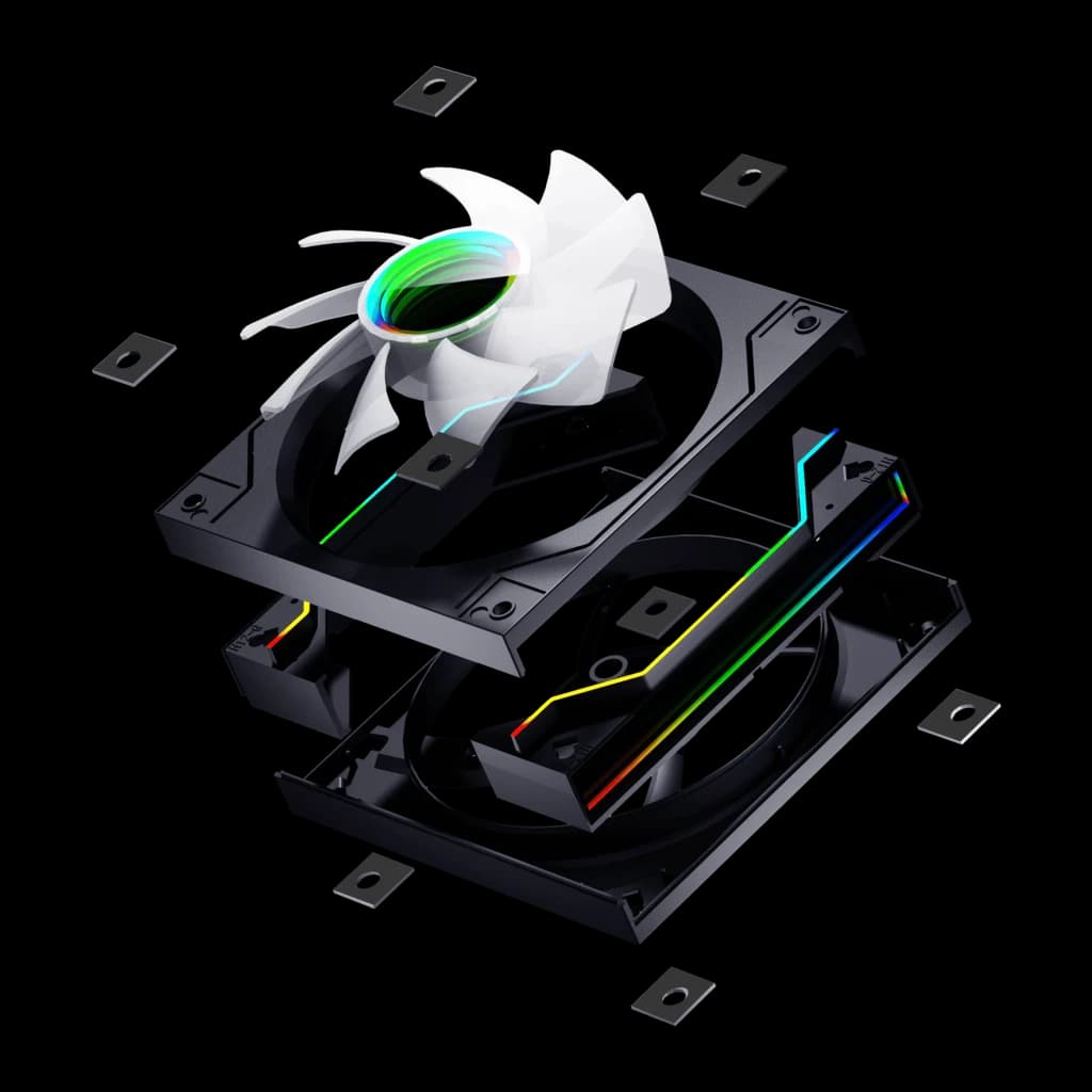 Ventilateur PC Darkflash DM20 ARGB 120mm Noir, détail: vue éclatée avec pale blanche, cadre noir et éclairage ARGB