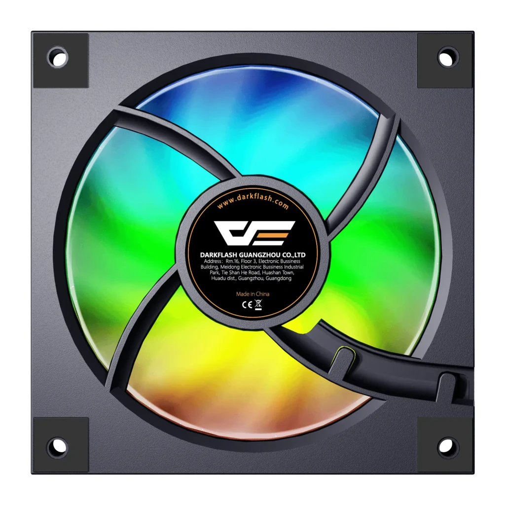 Ventilateur PC Darkflash DM20 ARGB 120mm Noir, vue arrière: étiquette Darkflash centrale, pales ARGB dégradé multicolore