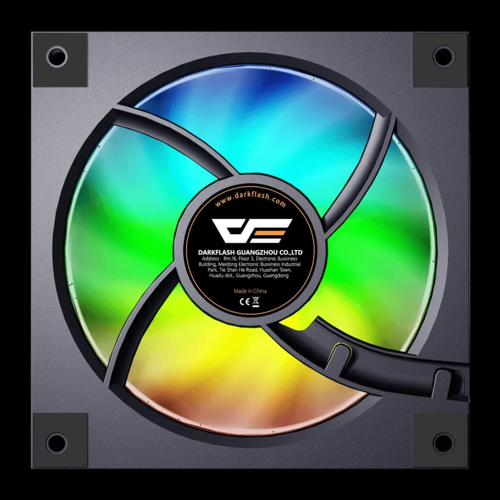 Ventilateur PC Darkflash DM20 ARGB 120mm Noir, vue arrière: étiquette Darkflash centrale, pales ARGB dégradé multicolore
