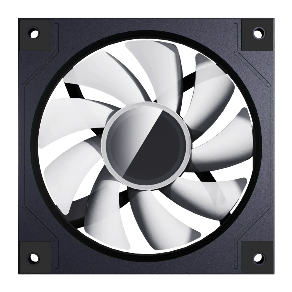 Ventilateur PC Darkflash DM20 ARGB 120mm Noir, détail face avant: 9 pales courbées, moyeu central et cadre avec trous