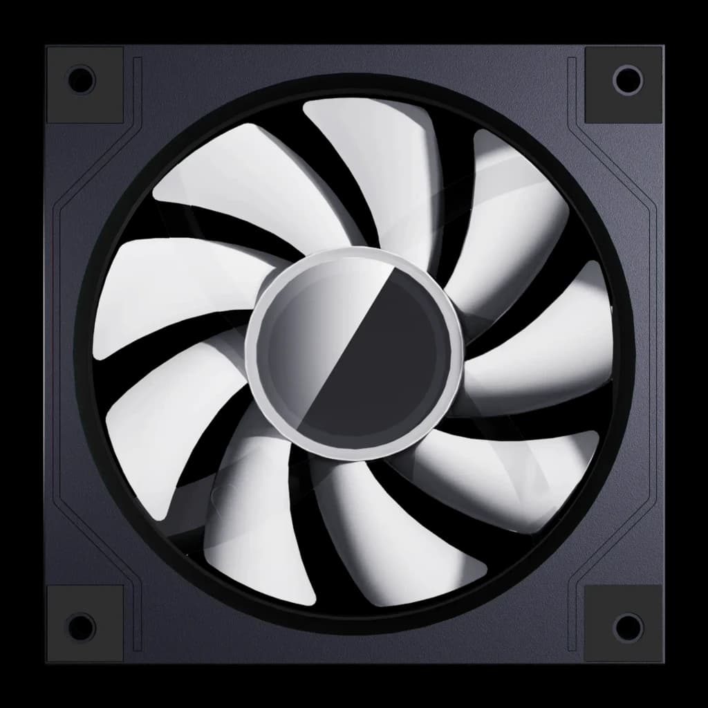 Ventilateur PC Darkflash DM20 ARGB 120mm Noir, détail face avant: 9 pales courbées, moyeu central et cadre avec trous