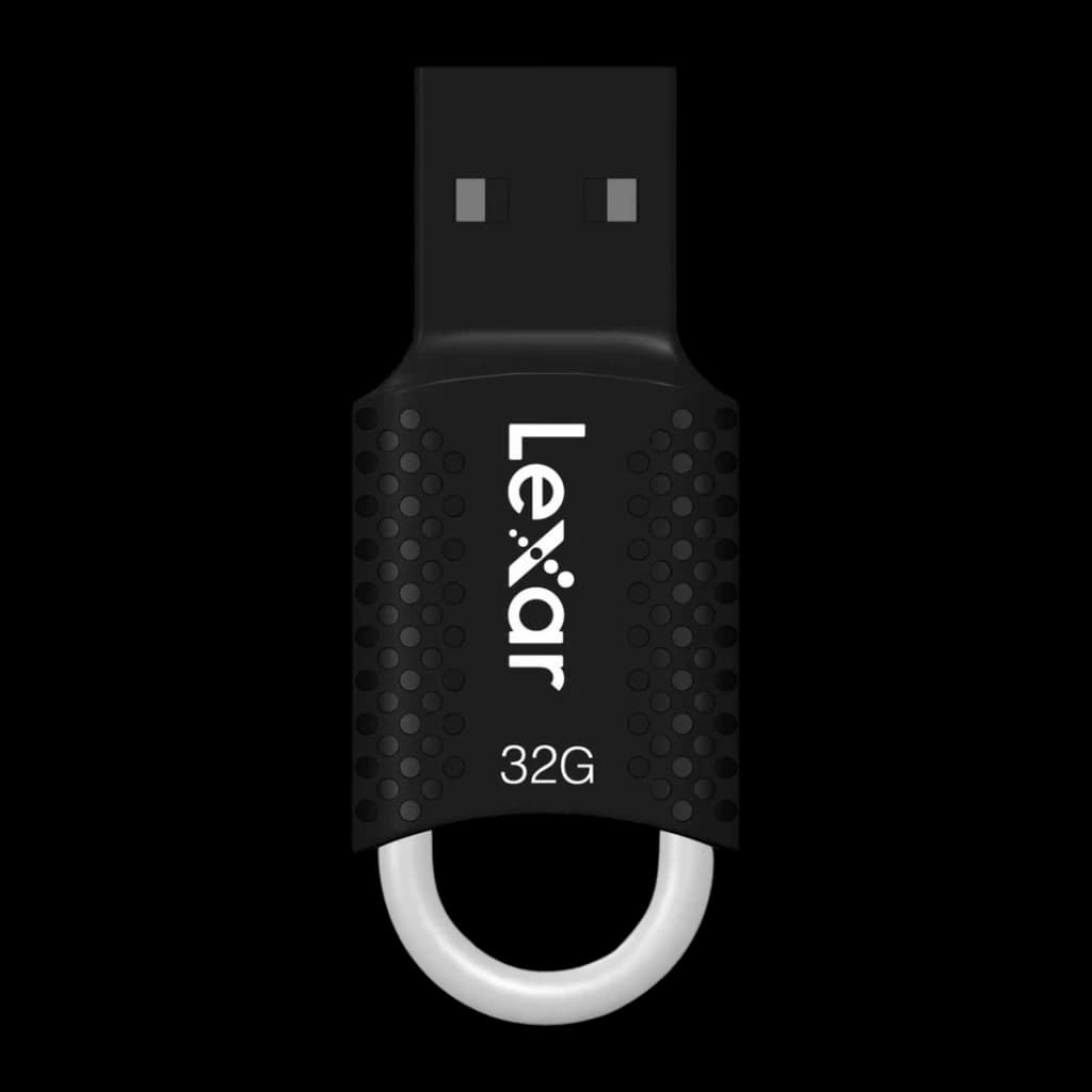 Clé USB Lexar JumpDrive V40 32Go USB 2.0 Noir, vue de face: corps noir à texture de points, logo Lexar, connecteur USB