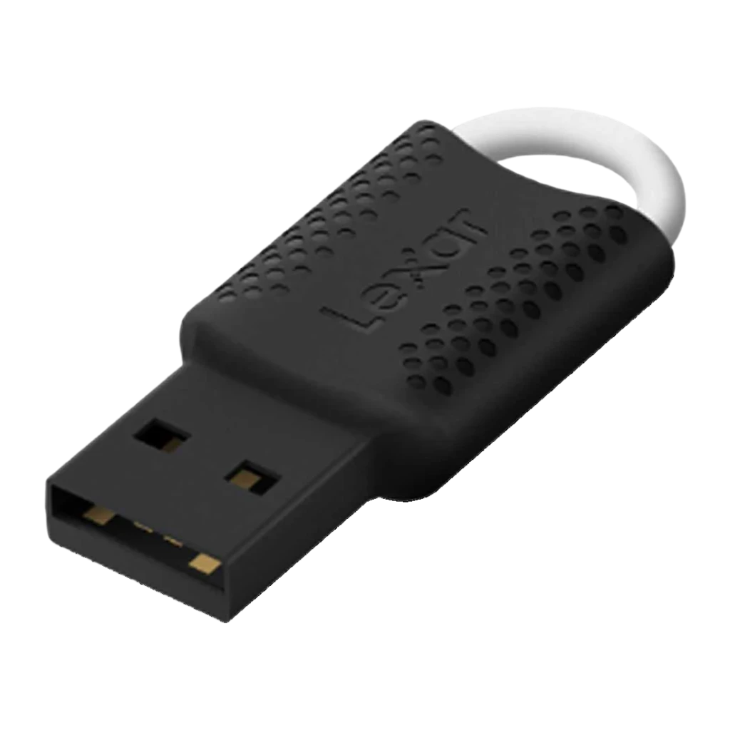 Clé USB Lexar JumpDrive V40 32Go USB 2.0 Noir, détail: connecteur doré, texture pointillée et anneau métallique