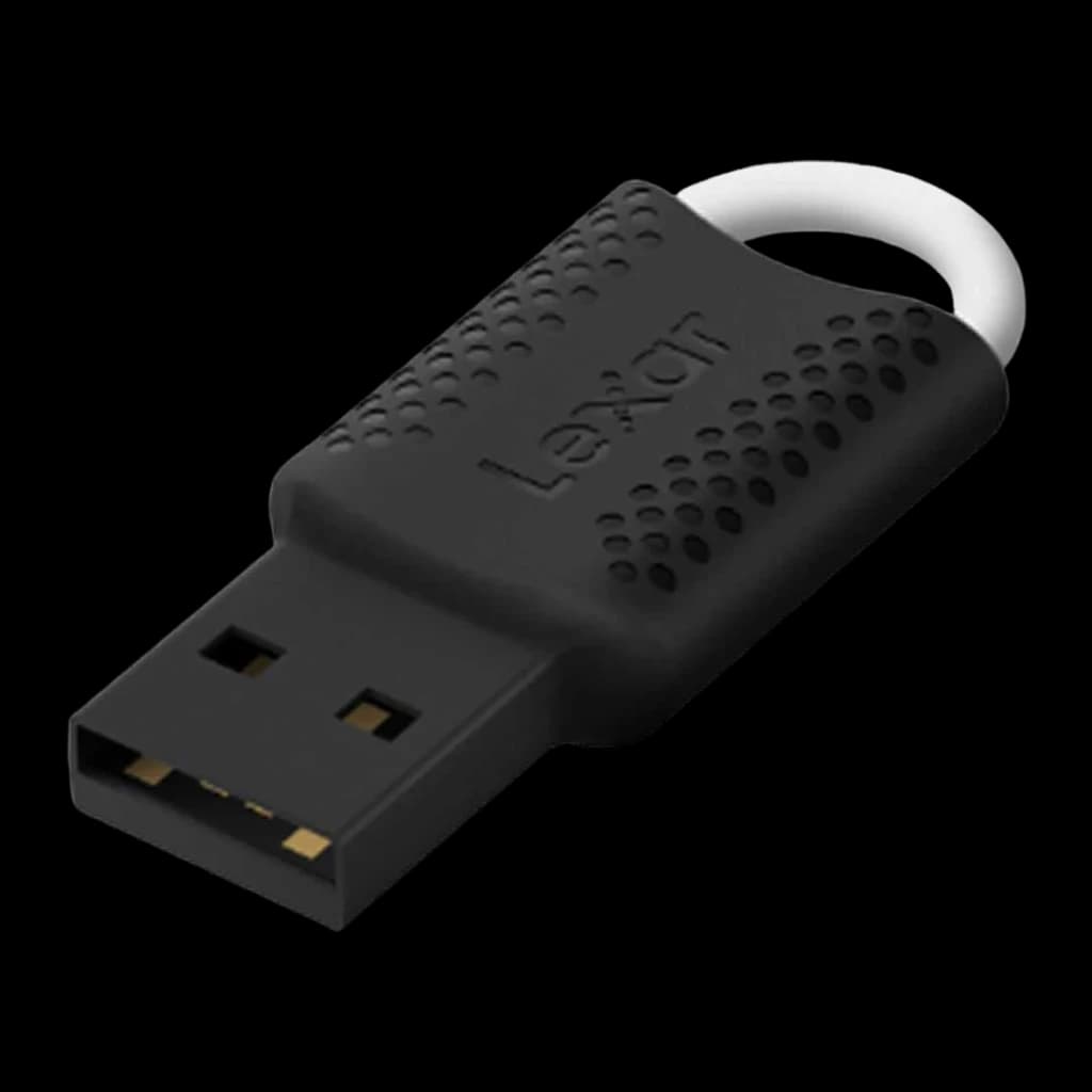Clé USB Lexar JumpDrive V40 32Go USB 2.0 Noir, détail: connecteur doré, texture pointillée et anneau métallique