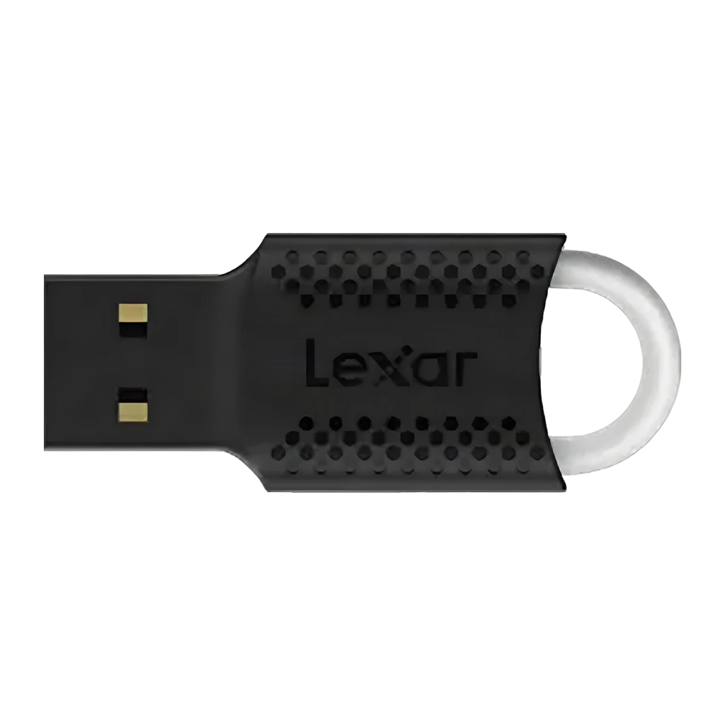 Clé USB Lexar JumpDrive V40 32Go USB 2.0 Noir, détail: connecteur USB doré, texture hexagonale et anneau blanc