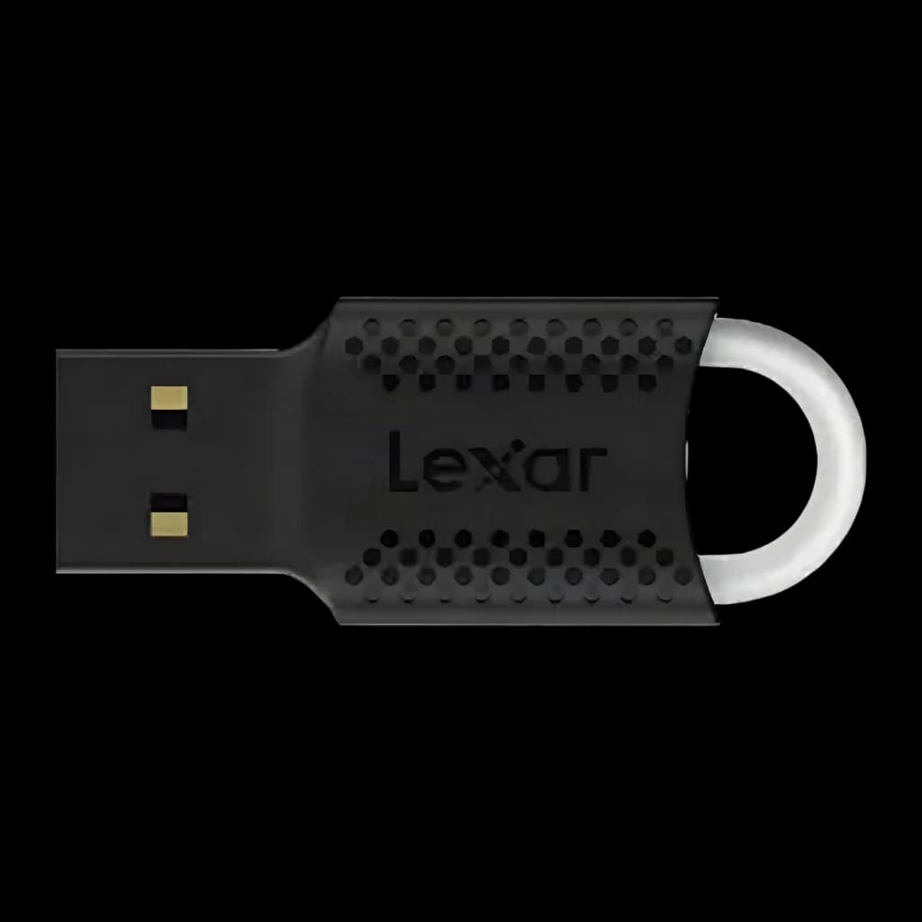 Clé USB Lexar JumpDrive V40 32Go USB 2.0 Noir, détail: connecteur USB doré, texture hexagonale et anneau blanc
